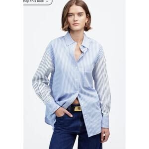 Madewell Poplin Oversized Button-Up Shirt WMNS XS White Blue Striped NU472 34 Sl